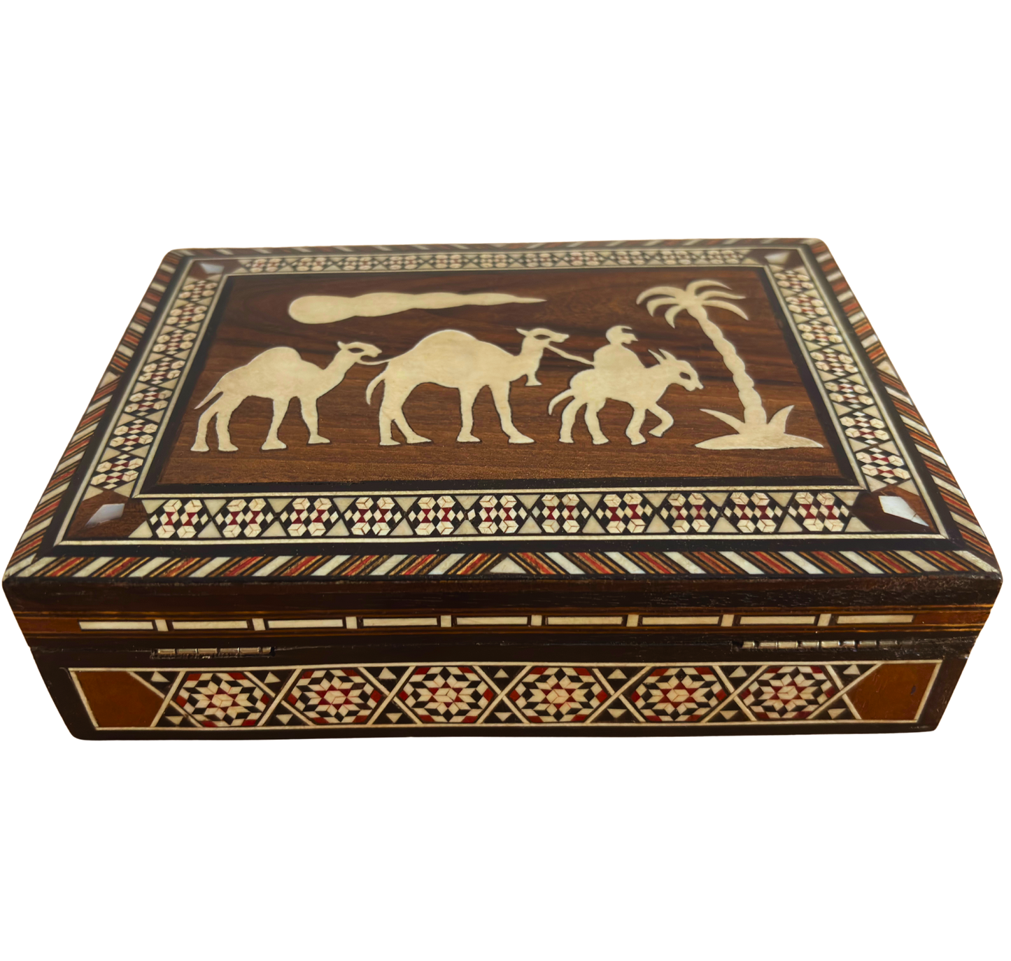 Vintage 1970s Damascene Camel Mosaic Box – Handcrafted Syrian Art