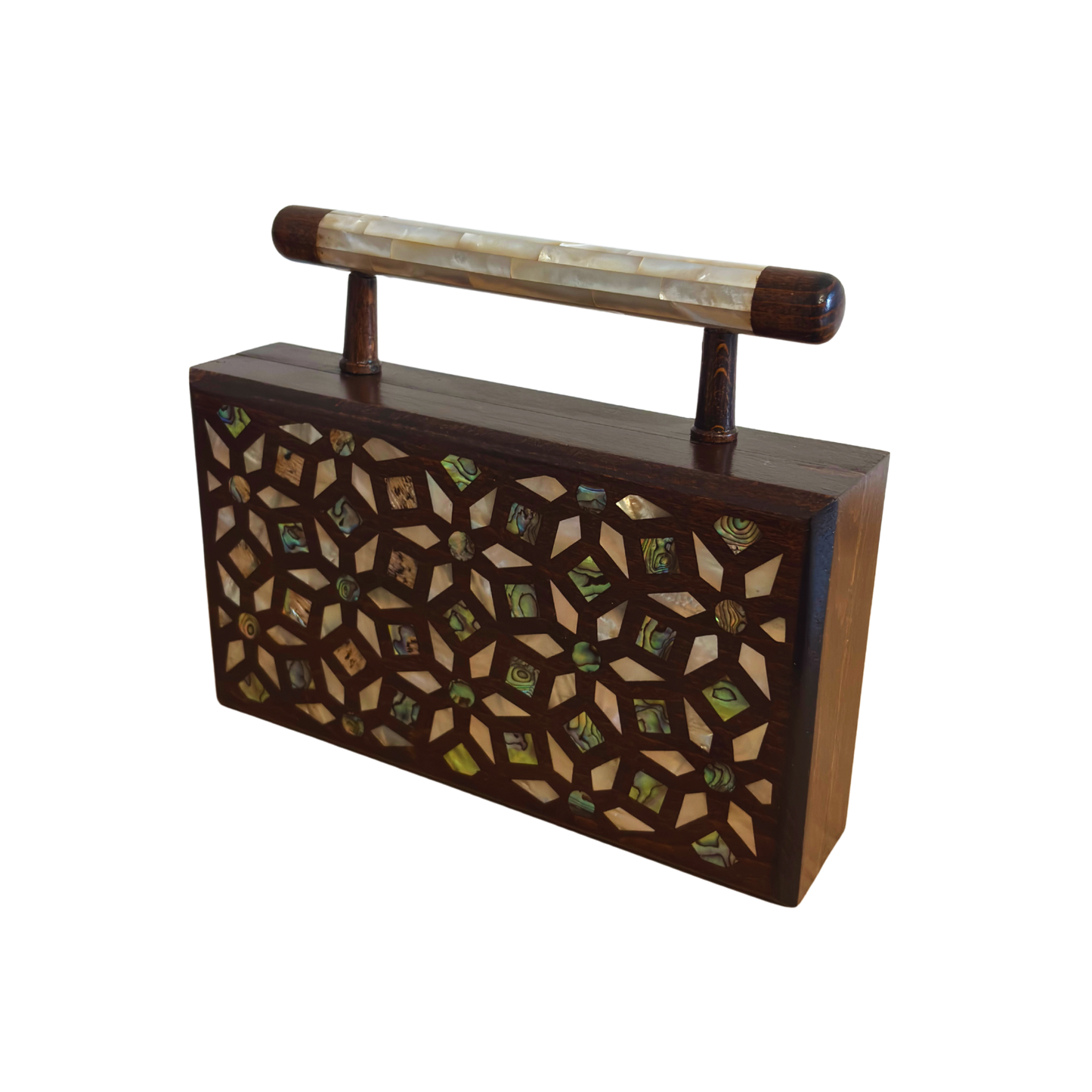 De Tuin der Geheimen – Handgemaakte Damascener Clutch van Notenhout met Geometrische en Botanische Inleg van Parelmoer