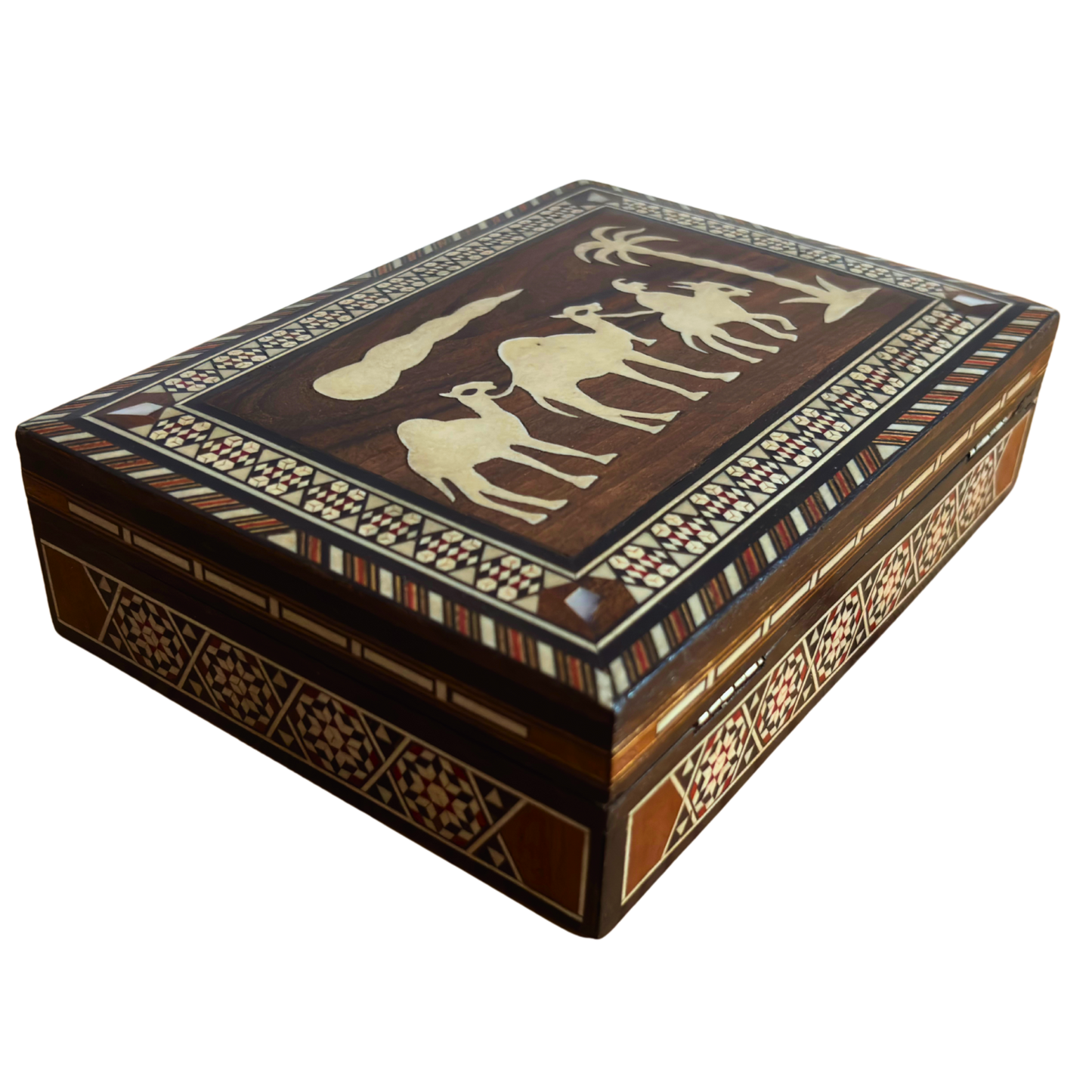 Medium 1970 Vintage Camel Damascene Mosaic Box -Brown-