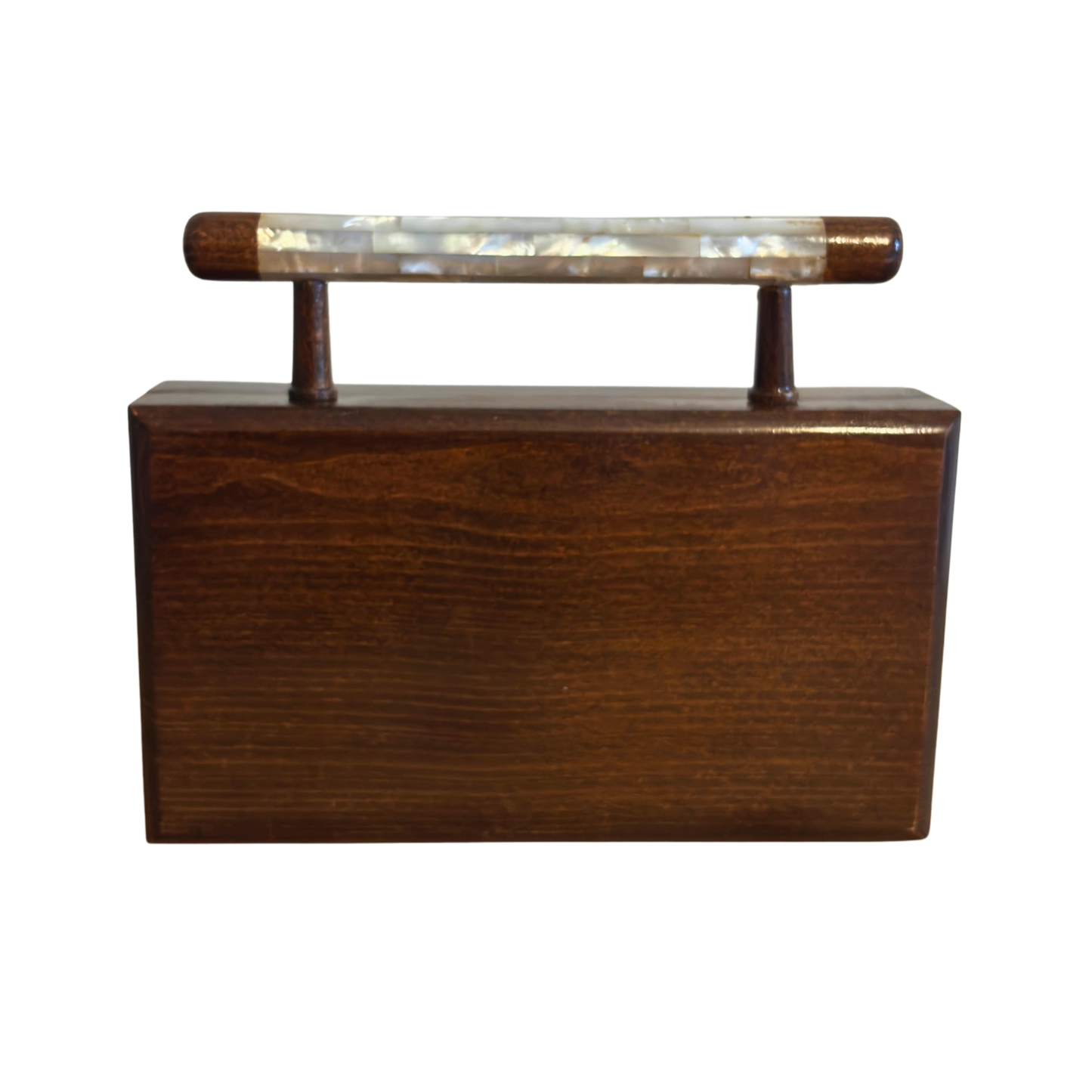 De Tuin der Geheimen – Handgemaakte Damascener Clutch van Notenhout met Geometrische en Botanische Inleg van Parelmoer