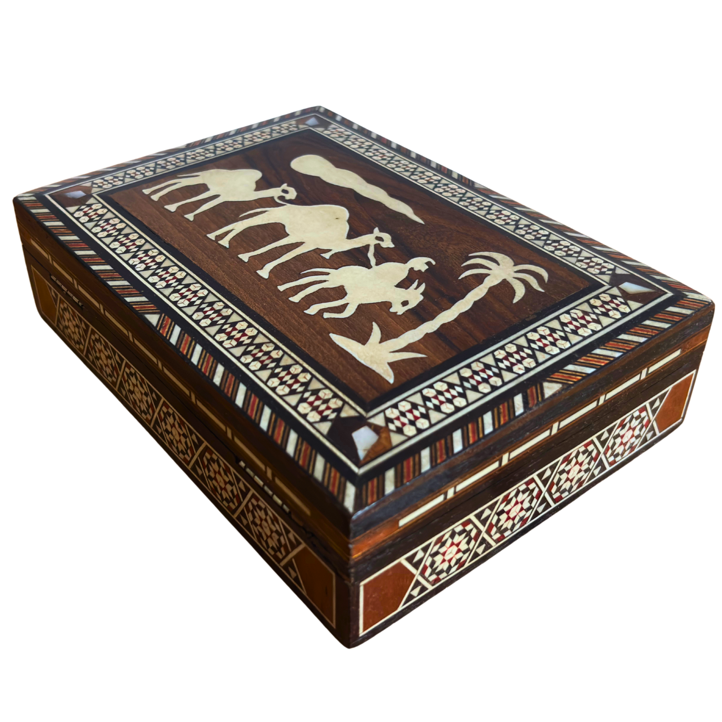 Medium 1970 Vintage Camel Damascene Mosaic Box -Brown-