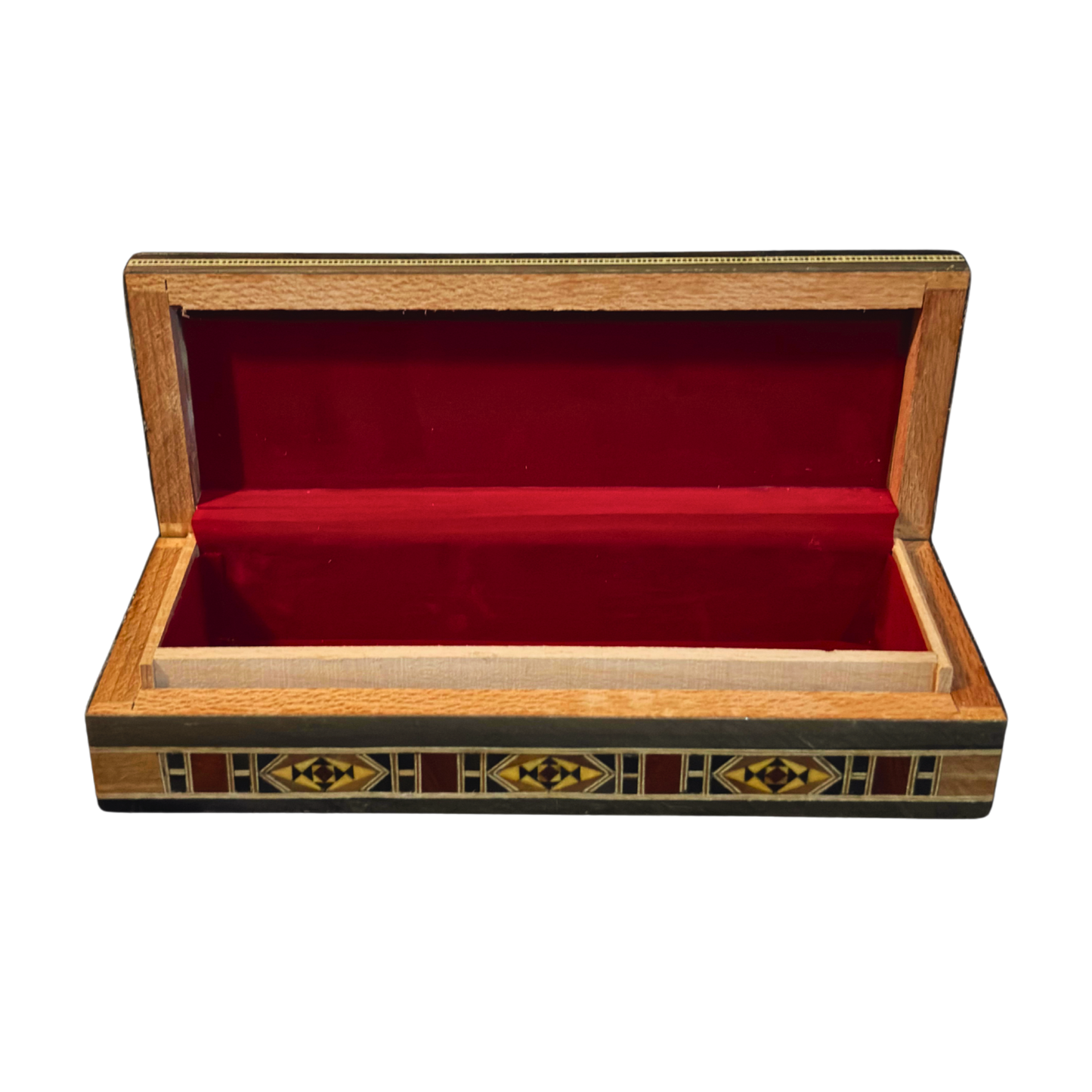 صندوق موزاييك دمشقي للأقلام والمجوهرات والمسبحة – فن مطعّم بالصدف
