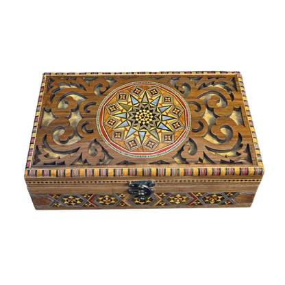 Handcrafted Damascene Mosaic Box – Mother of Pearl & Carved Elegance