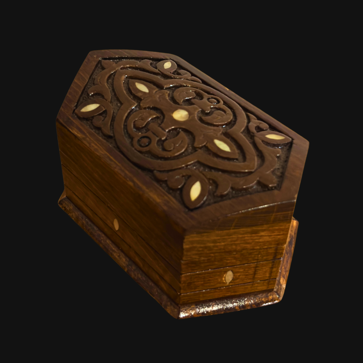 Handgeschnitzte Buchenholzbox – Perlmutt & Samtfutter im Zeitlosen Orientalischen Design