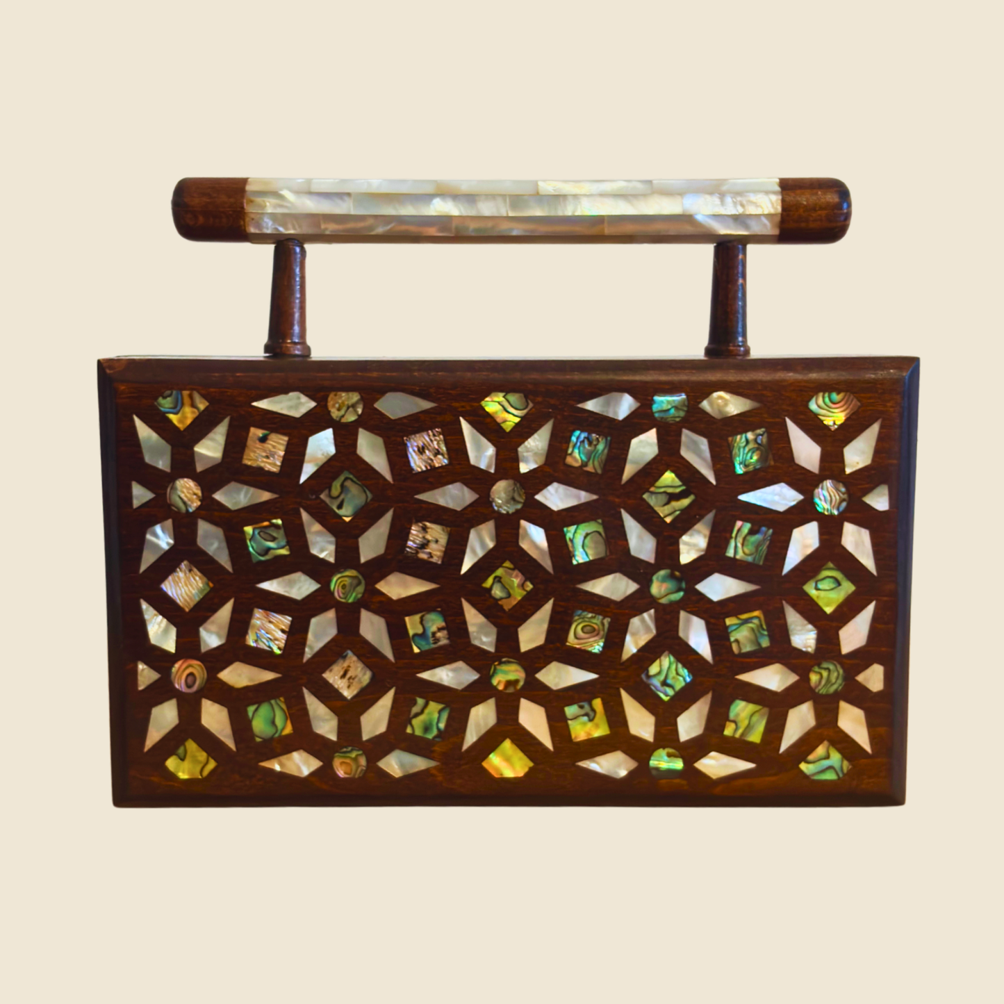 Zenobia – Clutch Damascena di Lusso in Noce con Intarsi in Madreperla e Interno in Broccato