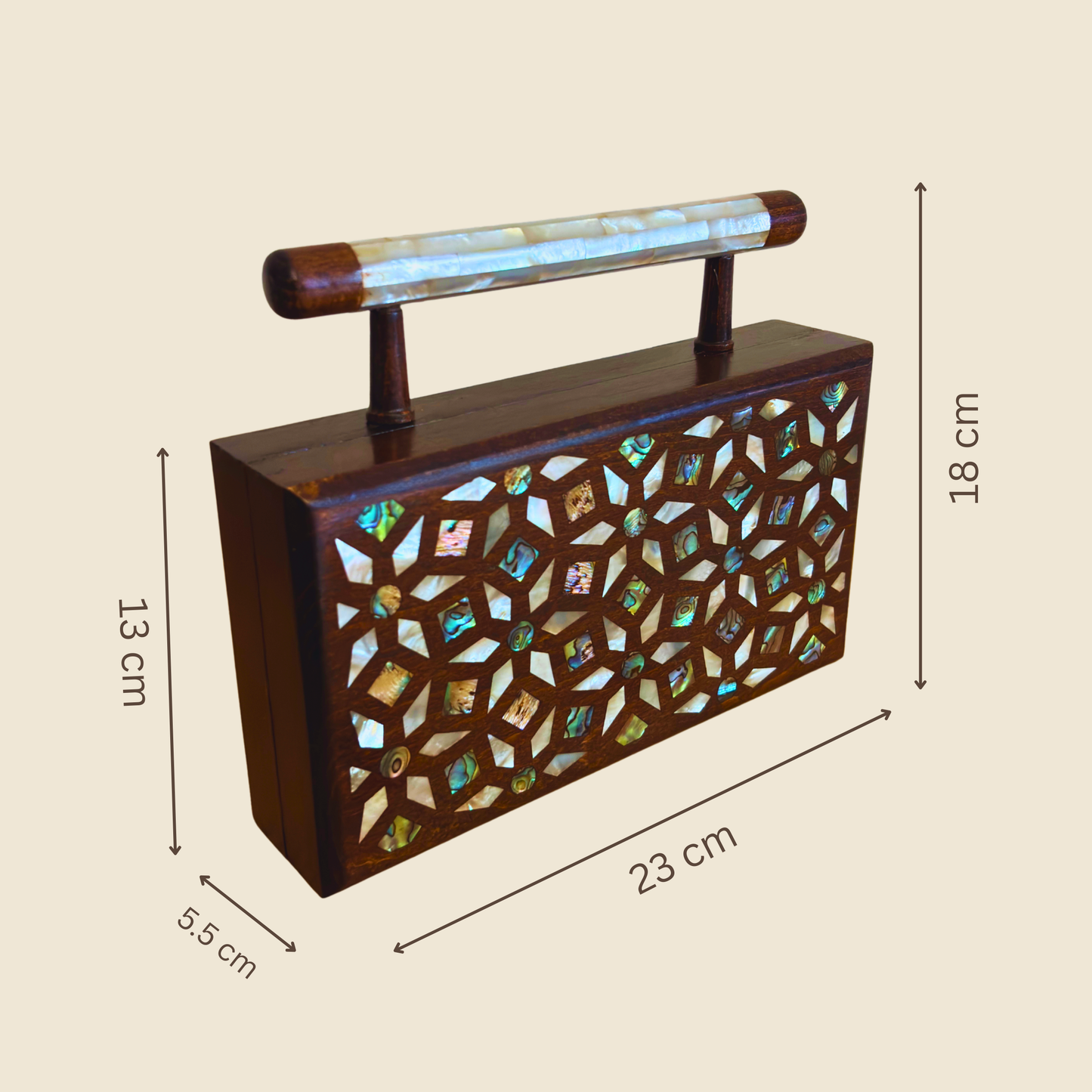 Zenobia – Clutch Damascena di Lusso in Noce con Intarsi in Madreperla e Interno in Broccato
