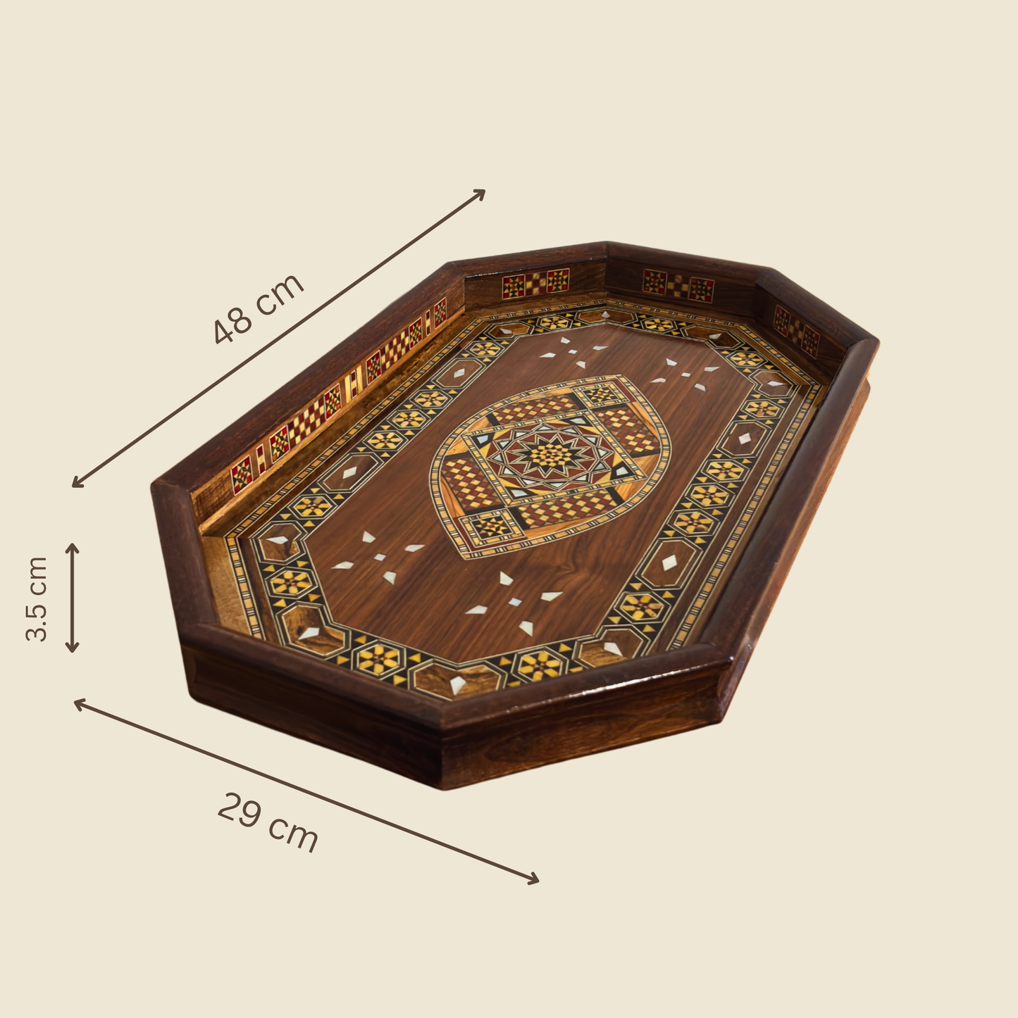 Damascene Mosaic Wooden Tray – Mother of Pearl Inlay & Walnut Finish