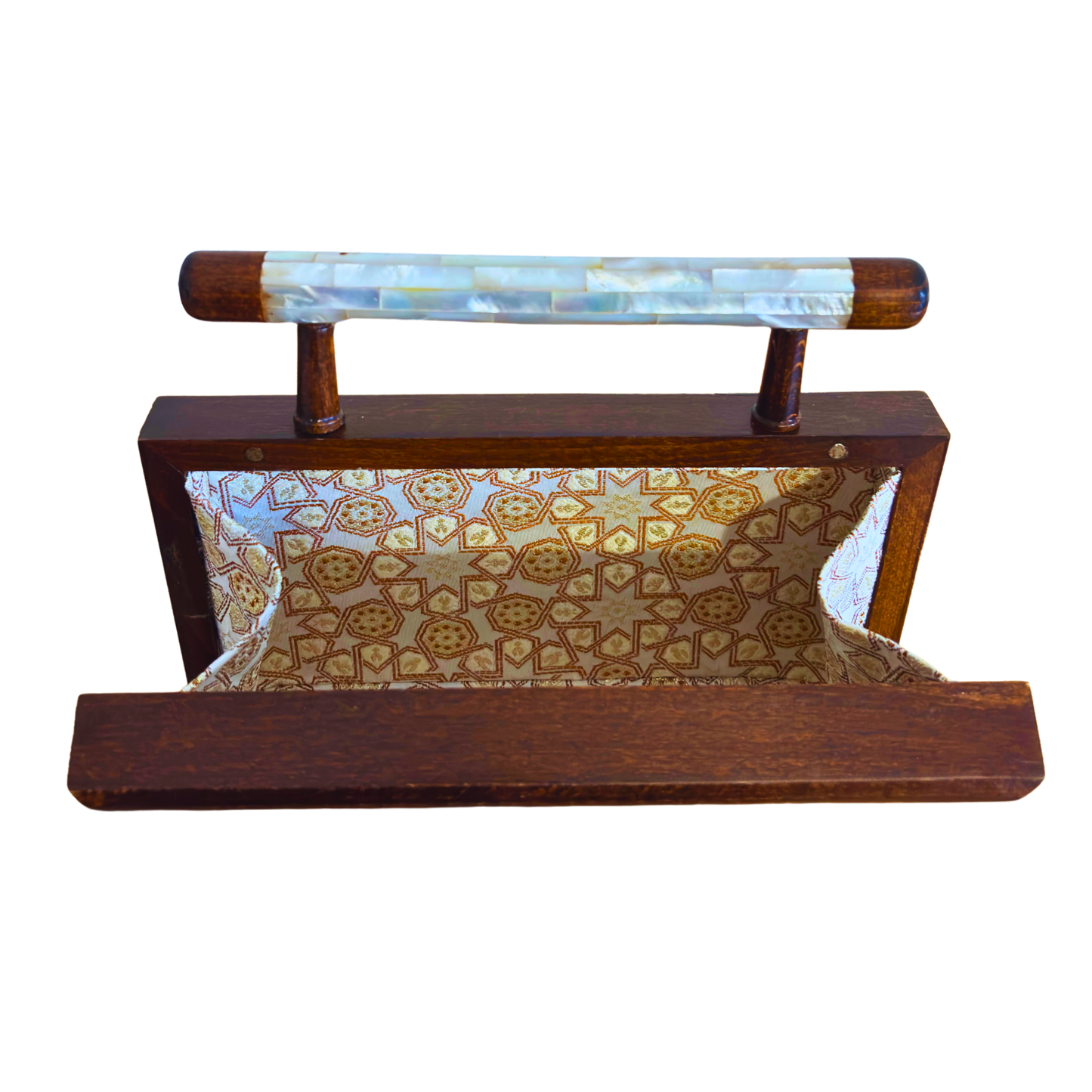 Zenobia – Luxuriöse Damast-Mosaik Clutch mit Perlmutt Intarsie & Brokat Innenfutter