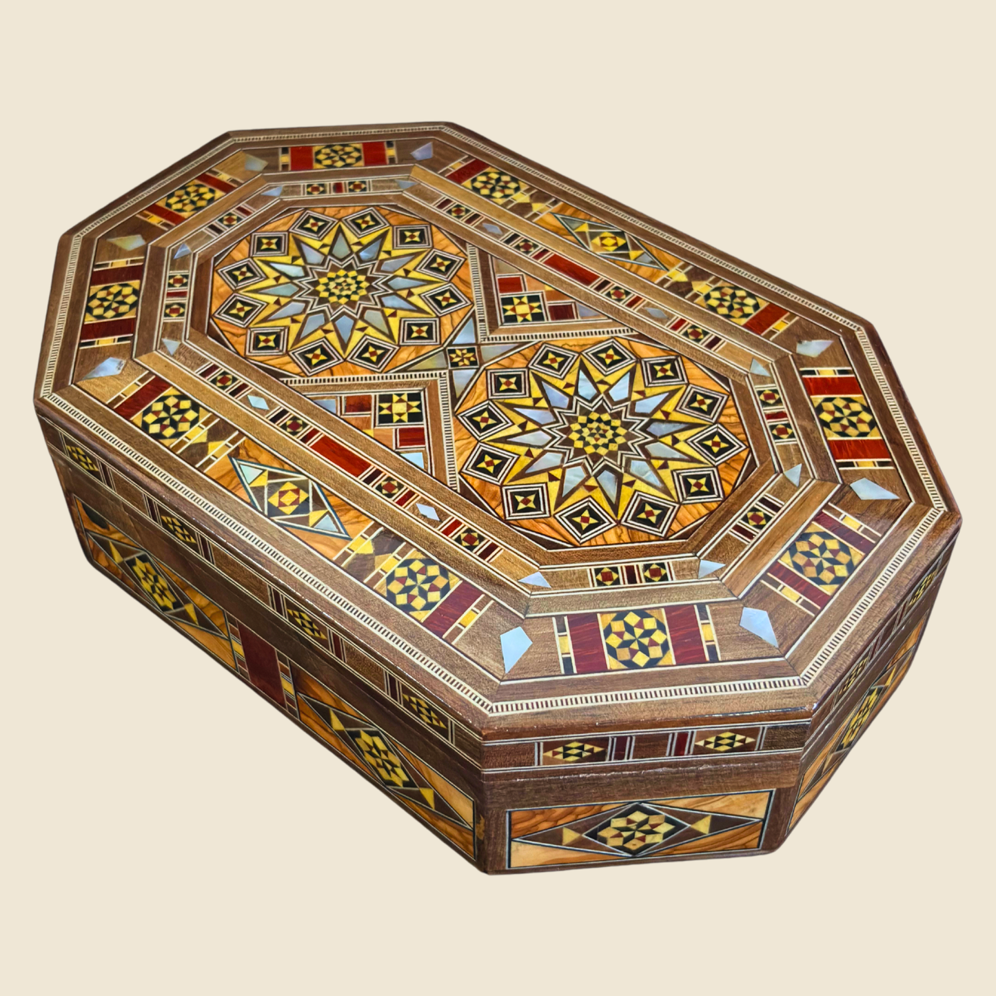 Handcrafted Damascene Mosaic Box – Mother of Pearl & Velvet Elegance