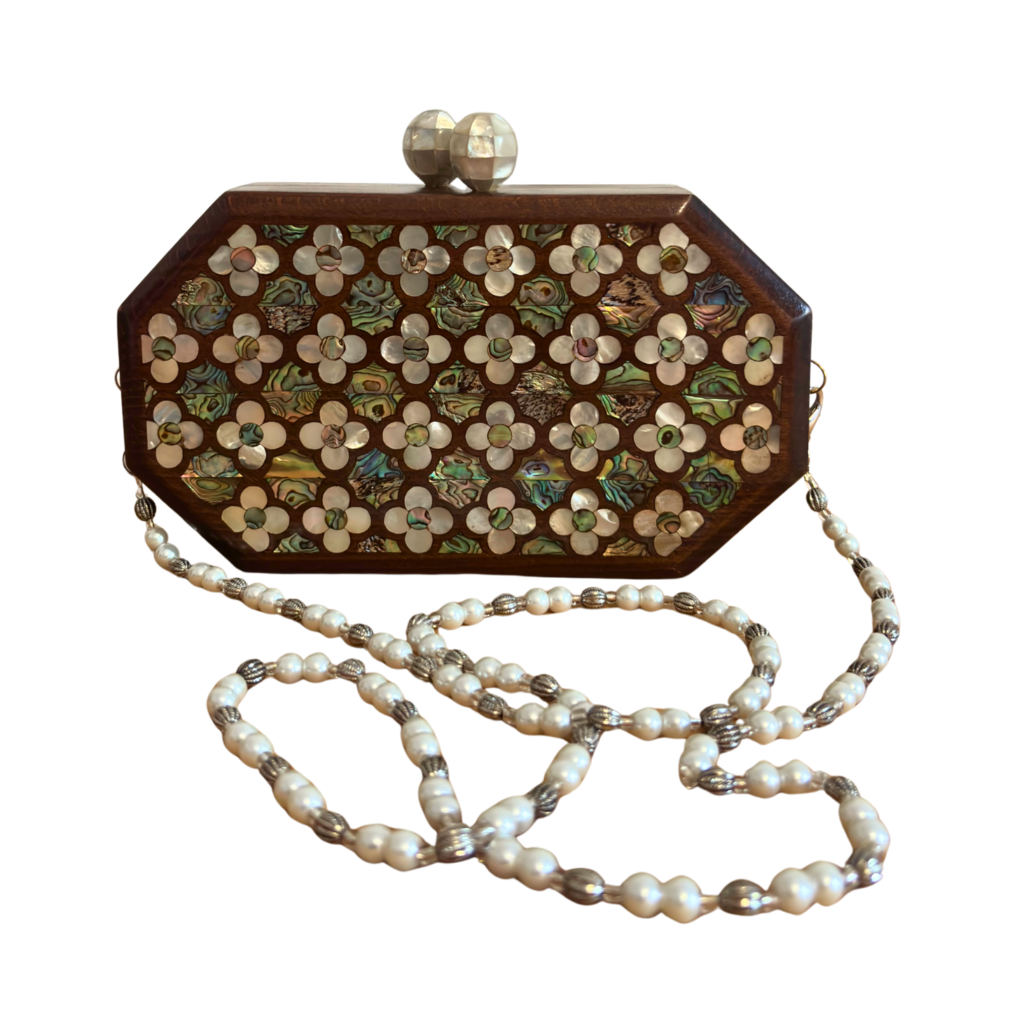 Le Murmure des Roses – Pochette Damasquine en Noyer avec Roses en Nacre et Chaîne de Perles