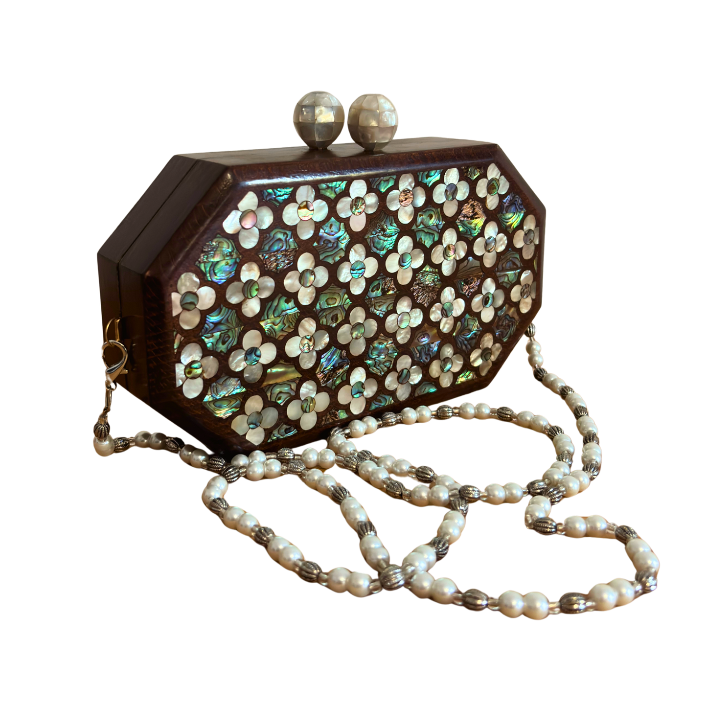 Le Murmure des Roses – Pochette Damasquine en Noyer avec Roses en Nacre et Chaîne de Perles