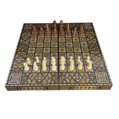 Luxury Mosaic Chess & Backgammon Set – Damascene Art & Mother of Pearl