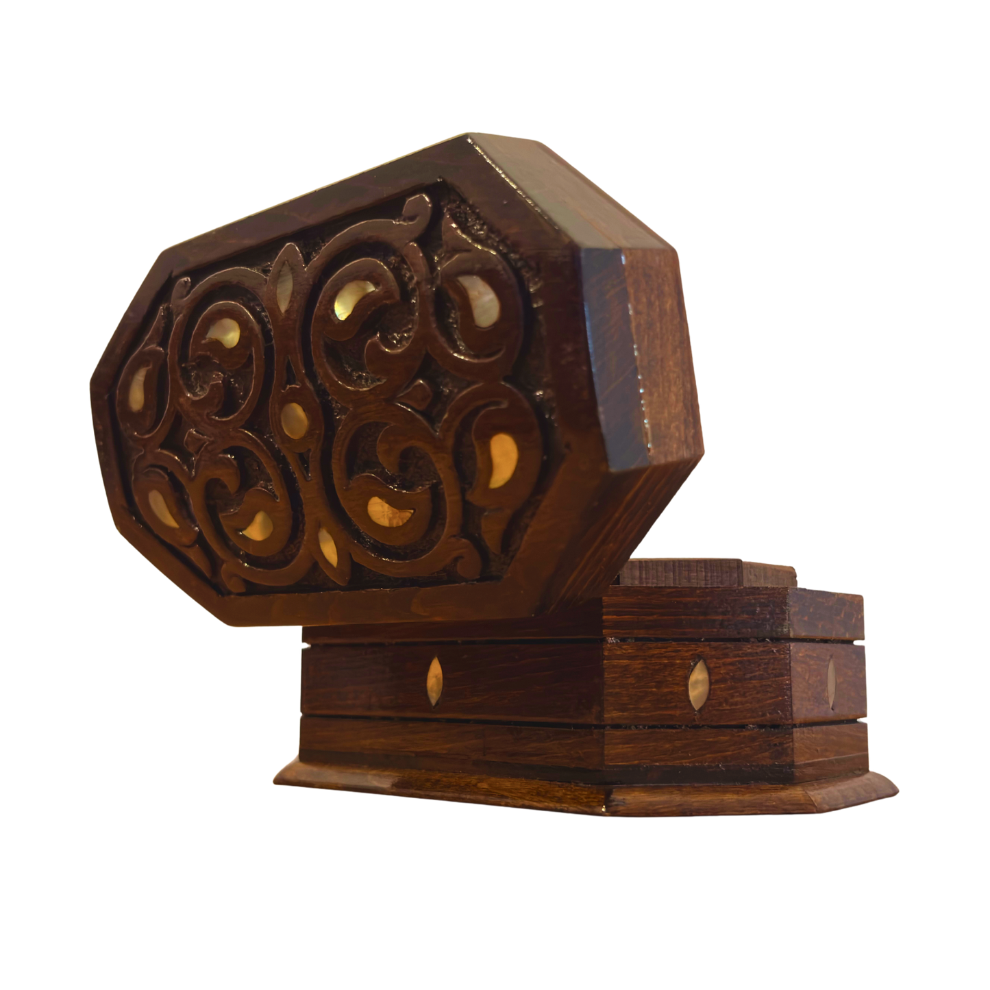 Hand-Carved Beechwood Box with Mother of Pearl Inlay – Walnut Finish Elegance