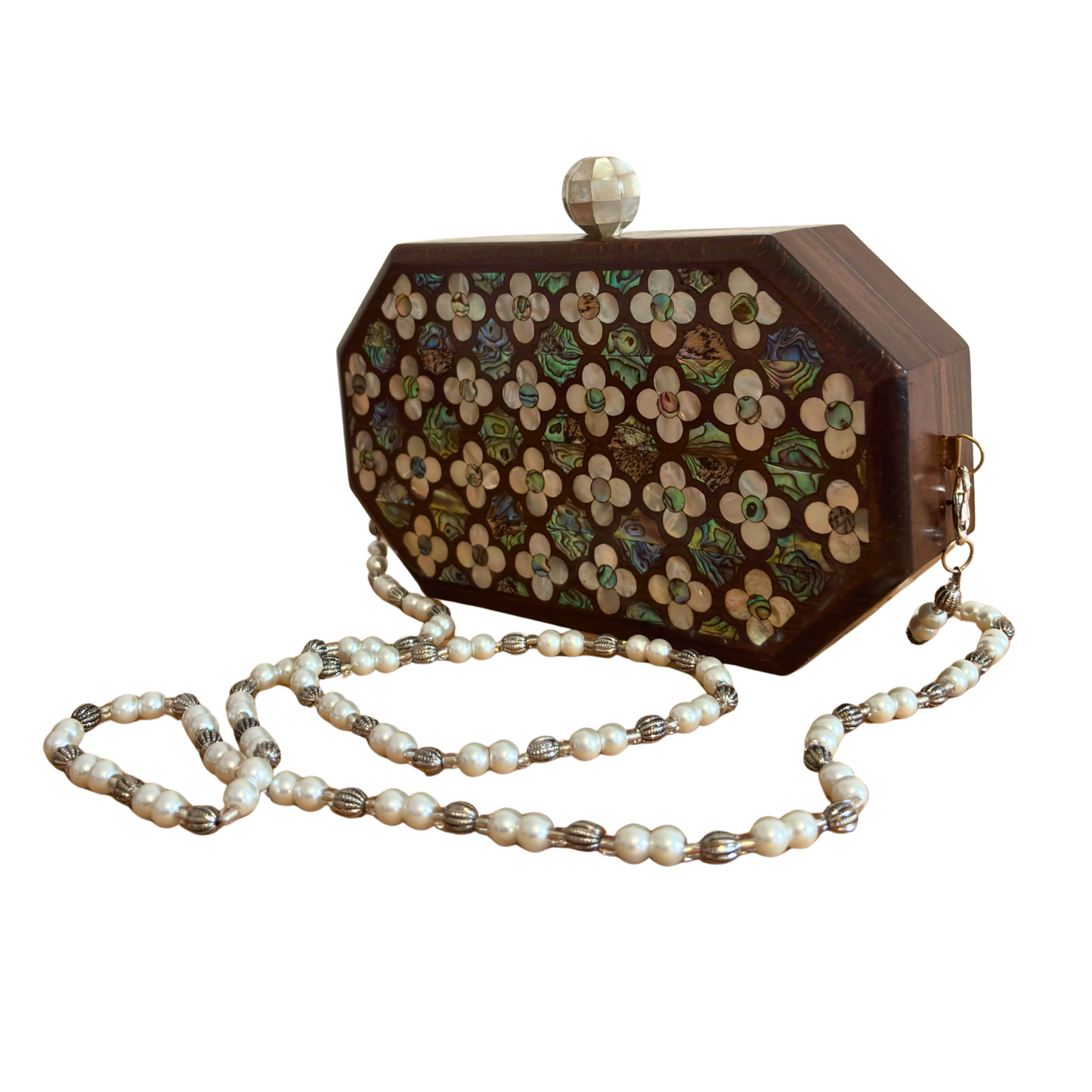 Le Murmure des Roses – Pochette Damasquine en Noyer avec Roses en Nacre et Chaîne de Perles